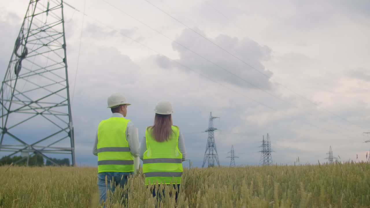 The view from the back: group of engineers at a high-voltage power plant with a tablet and drawings walk and discuss a plan for the supply of electricity to the city. Transportation of renewable clean energy.