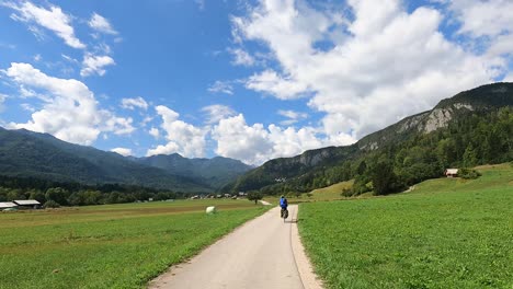 夏天在藍天下沿著一個單車徑在bohinj騎單車