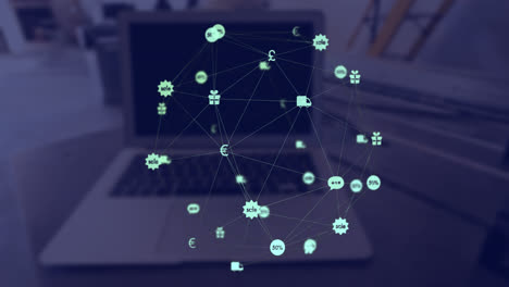 Vídeo-Compuesto-Digital-De-Una-Red-De-Conexiones-Con-Iconos-Moviéndose-Contra-El-Portátil-En-Segundo-Plano.