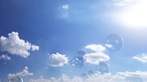 Soap-bubbles-floating-towards-the-clear-blue-sky-with-clouds-and-bright-sun