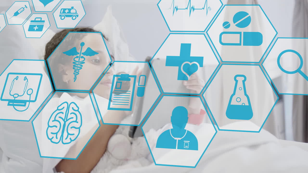 Animation of medical icons over biracial girl using tablet on hospital bed