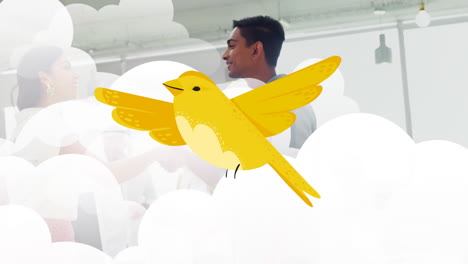 animation of yellow bird over dense clouds over diverse coworkers shaking hand after conversation