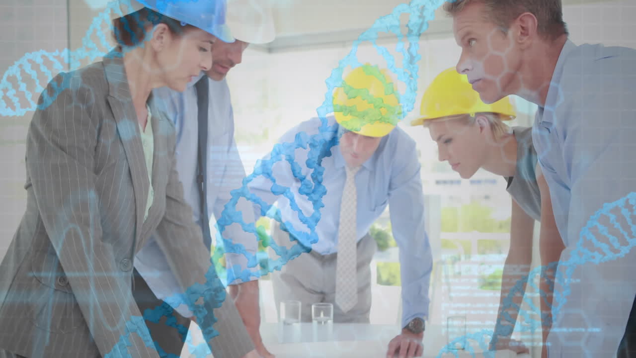 biotech team collaborating around meeting table, displaying floating DNA helix and grid