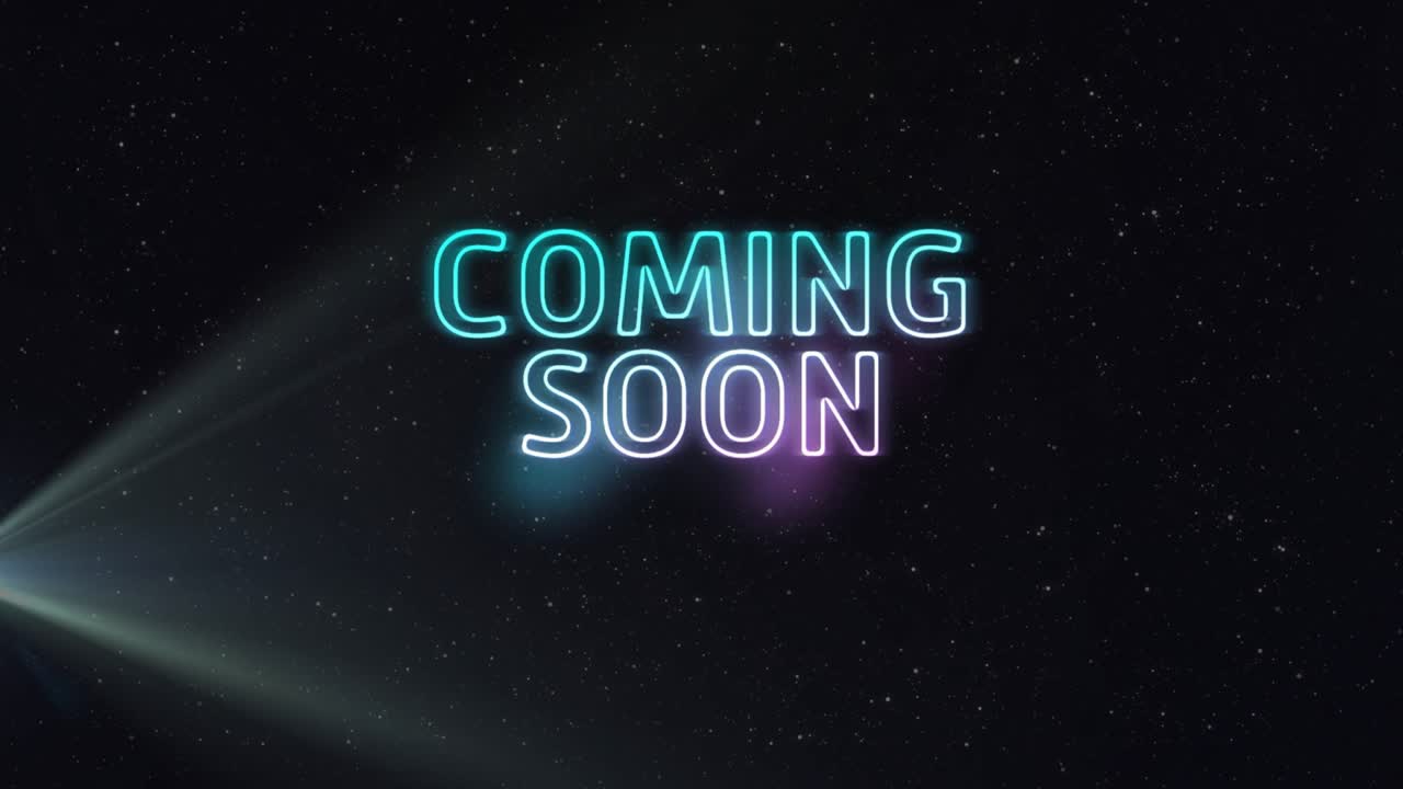 COMING SOON text being revealed by left beam, cyan neon brightening, glow pulsing, teasing release