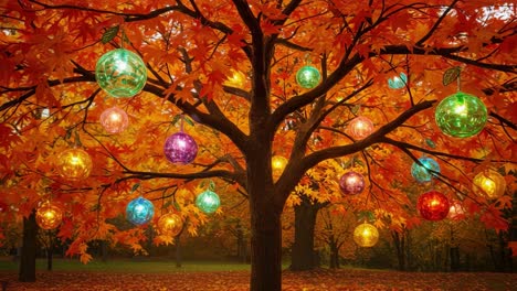 a beautiful autumn tree adorned with colorful ornaments, showcasing vibrant fall colors and festive decorations against a serene nature background