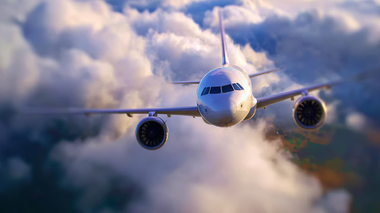 Vista aerea di un aereo passeggeri bianco che vola tra soffici nuvole: cattura l'eleganza e la libertà del trasporto aereo in un bellissimo contesto celeste