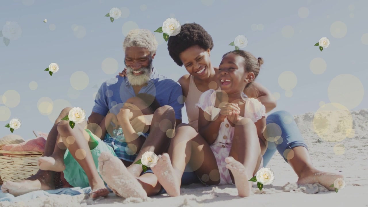 Sovrapposizione bokeh che appare mentre i genitori abbracciano i figli sulla spiaggia, creando un annuncio lifestyle per i creator
