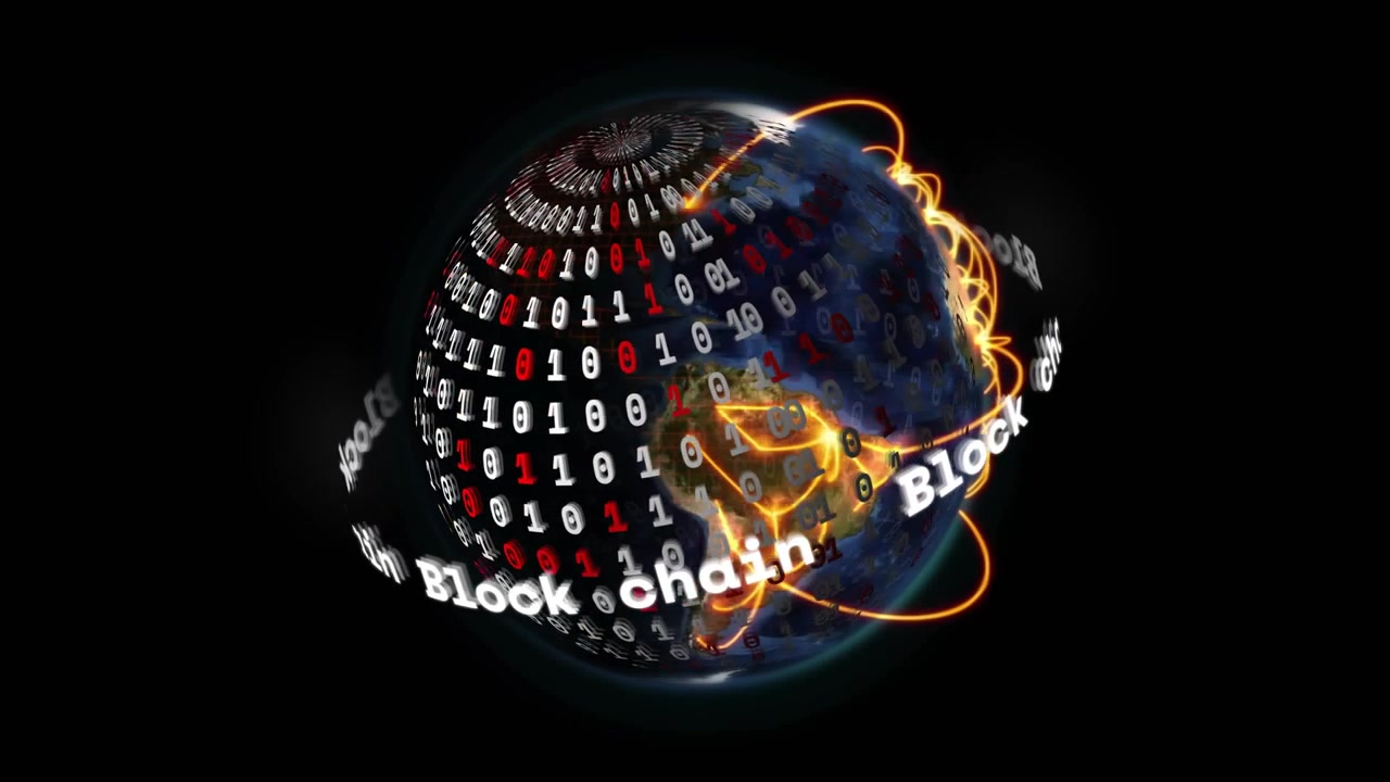 At start globe rotating, digits scrolling, Block chain orbiting, orange arcs forming network