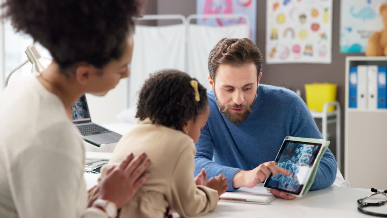 Doctor explaining medical images to a child and her mother