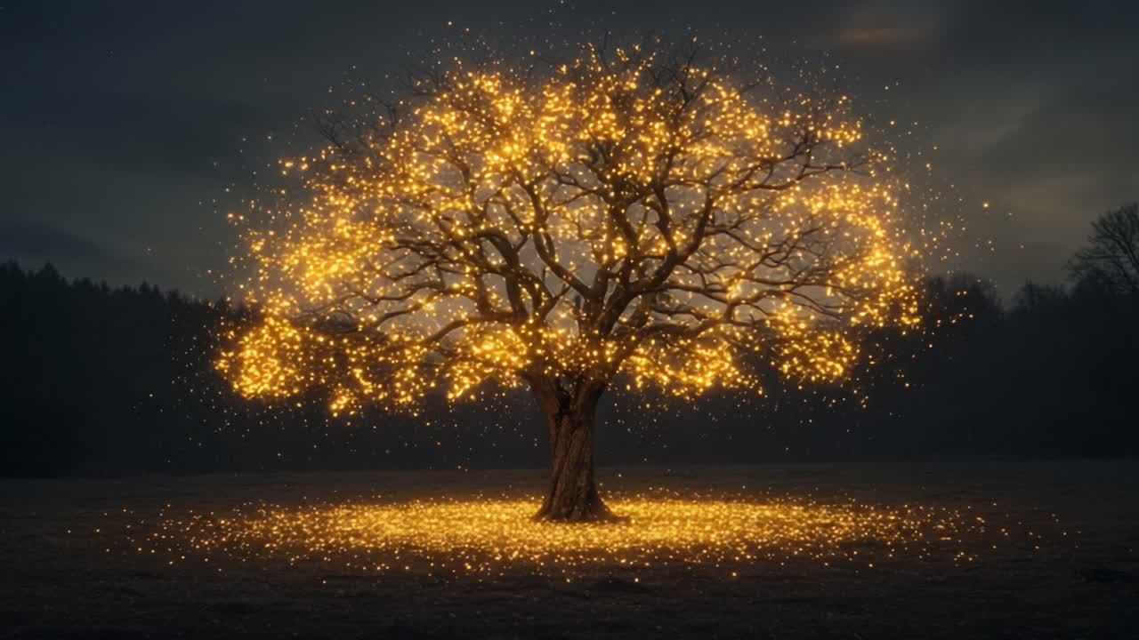 Illuminated Tree: A Majestic Display of Glowing Lights Radiating from the Heart of Nature, Capturing the Beauty and Serenity of a Starry Evening in an Enchanted Landscape