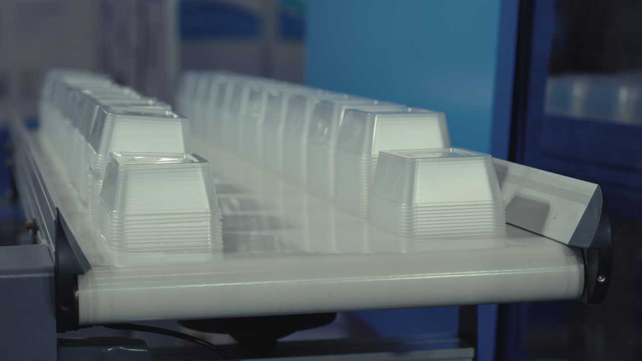 Plastic containers on a conveyor belt in a manufacturing facility