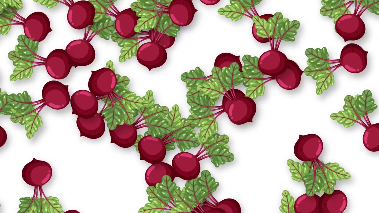 Animated red beetroots with green leaves fall vertically against a clean white studio background.