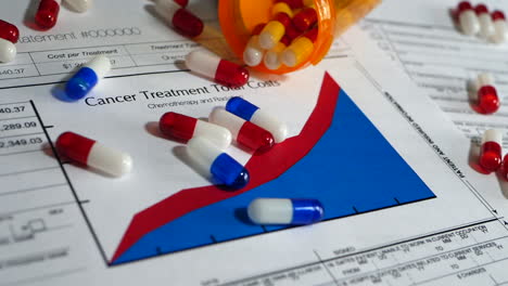 Expensive-prescription-drug-cancer-pills-and-medicine-spilling-in-slow-motion-on-a-prop-health-care-insurance-form