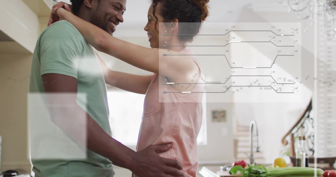 Couple placing hands on waist and cradling neck in kitchen while pulsing tech charts overlaying