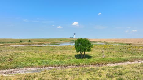 Drone-flying-over-dutch-landscape,-rising-to-reveal-lighthouse-and-ocean