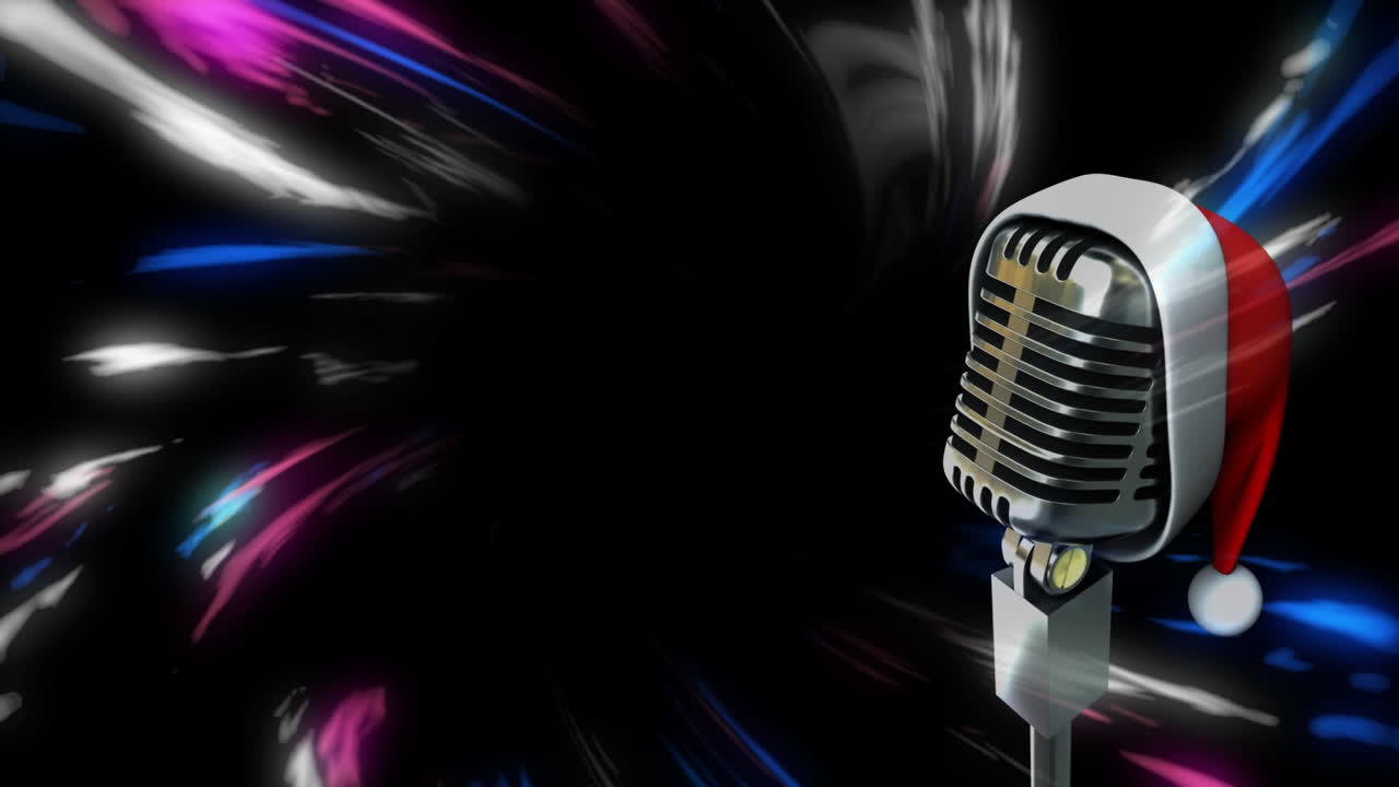 animación de formas digitales y micrófono vintage en sombrero de santa sobre fondo negro