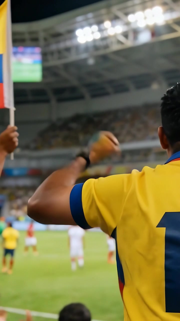 Video verticale: Tifoso esultante con maglia gialla numero 10 che alza il pugno dopo un'azione sugli spalti, sventolando una bandiera.
