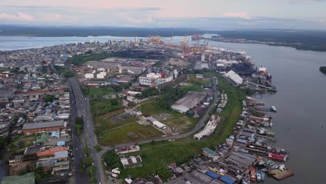 aerial flying towards downtown in buenaventura colombia
