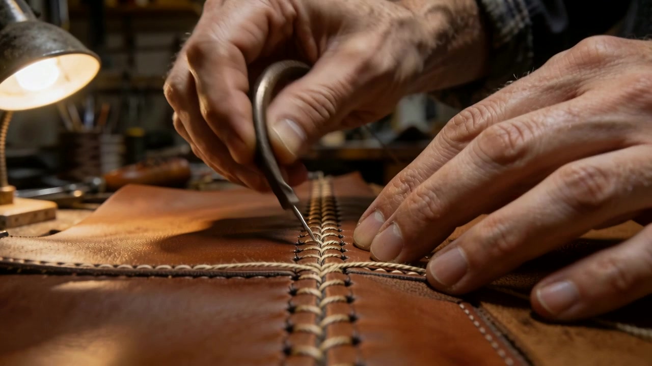 Mani di pellettiere che posizionano un punteruolo sopra i fori, tirando il laccio per completare la cucitura al banco, in flanella.