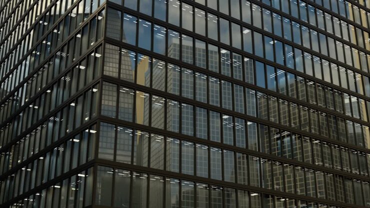 Aerial view around office building windows and real estate in high skyscraper