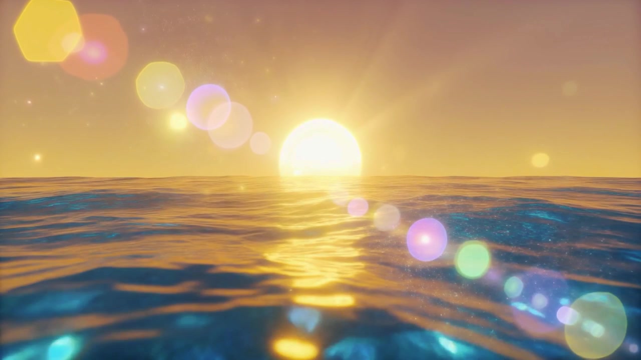 金色日落下的寧靜海浪與鏡頭光暈