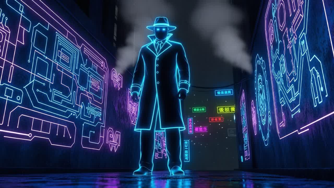 Mysterious Figure Illuminated by Neon Lights in a Rain-soaked Alley, Surrounded by Futuristic Digital Signage and Steamy Atmosphere
