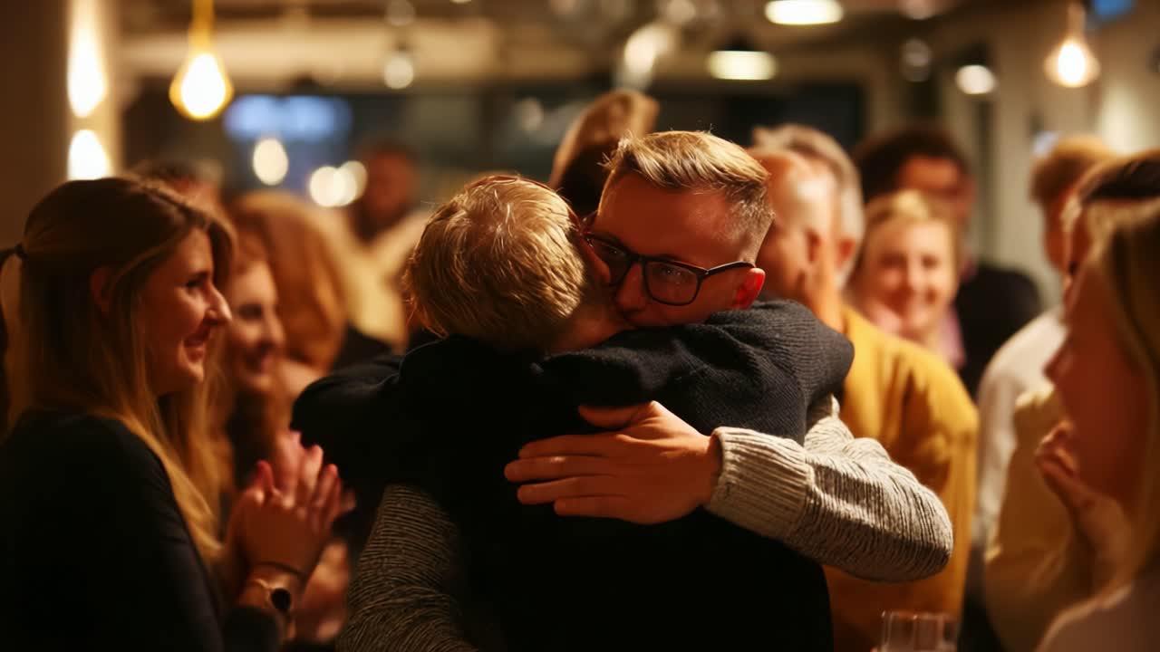 Joyful Reunion Captured in an Embrace: A Heartwarming Moment of Connection Amidst Friends Celebrating Together in a Vibrant and Lively Atmosphere of Warmth and Friendship