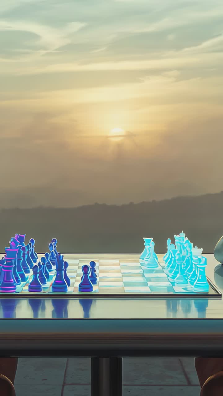 Vertical video: Entering arm above glass board at window, reaching to move blue pieces, copy space