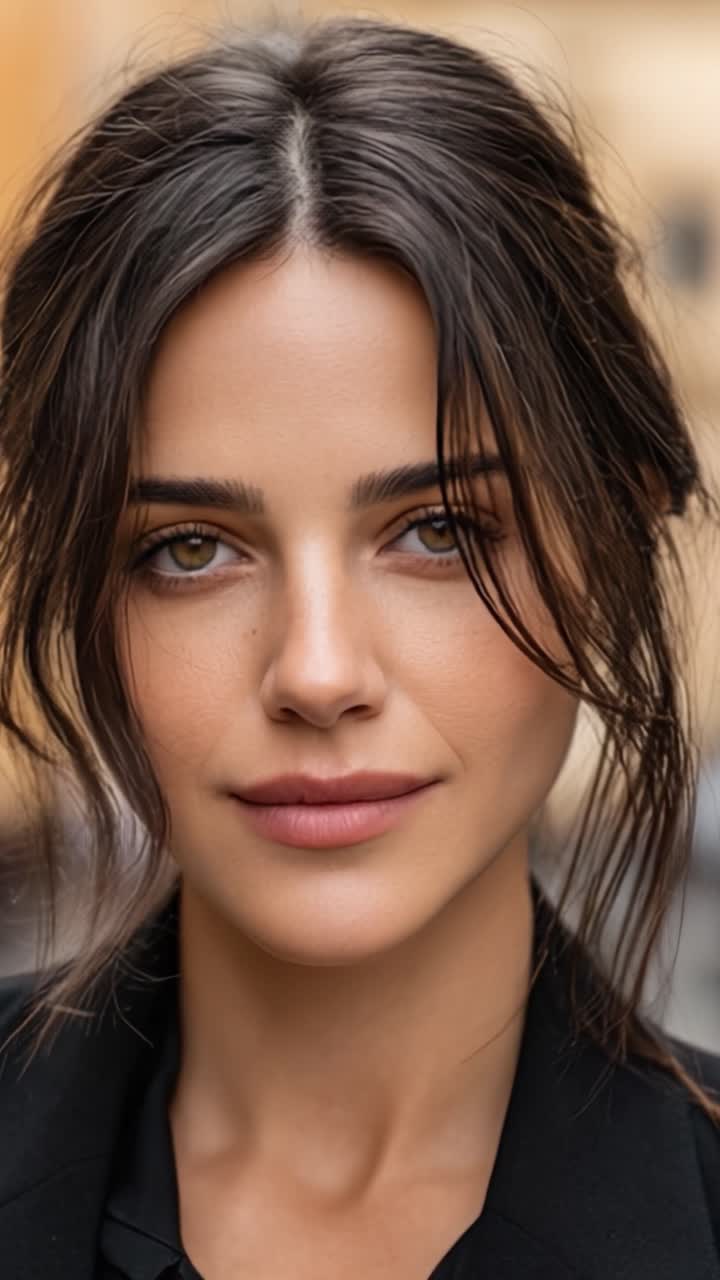 Ritratto ravvicinato accattivante di una donna sicura di sé con bellezza naturale e un sorriso carismatico, che mette in mostra le sue caratteristiche uniche e gli occhi espressivi.