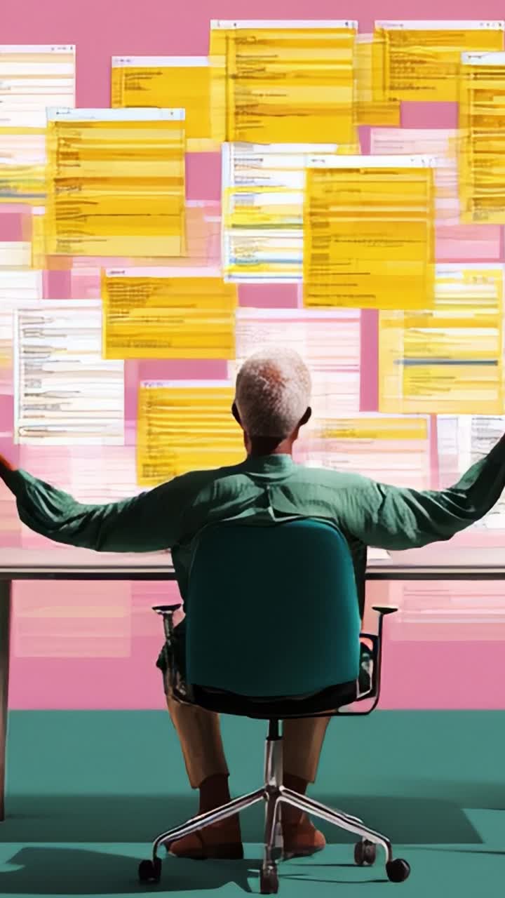 A person in a green shirt sits in front of a table surrounded by vibrant yellow overlays of data and information, deep in thought in a digitally cluttered space