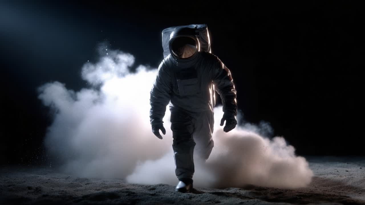 Seorang astronot muncul dari awan debu dan asap, menampilkan adegan eksplorasi dunia lain yang penuh misteri dan inovasi di lingkungan luar angkasa