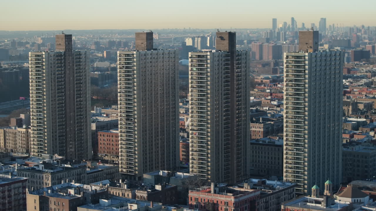 Aerial view of high rise apartment buildings in New York City. Shot at sunrise in Washington Heights.