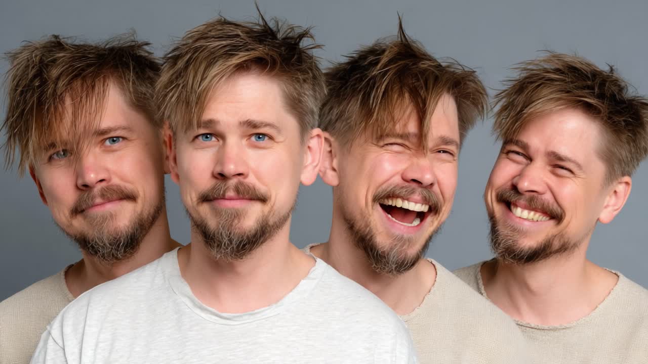 A Series of Expressions Captured: A Man Showcasing Different Emotions with Varying Shades of Joy, Surprise, and Contemplation in Unique Angles and Poses