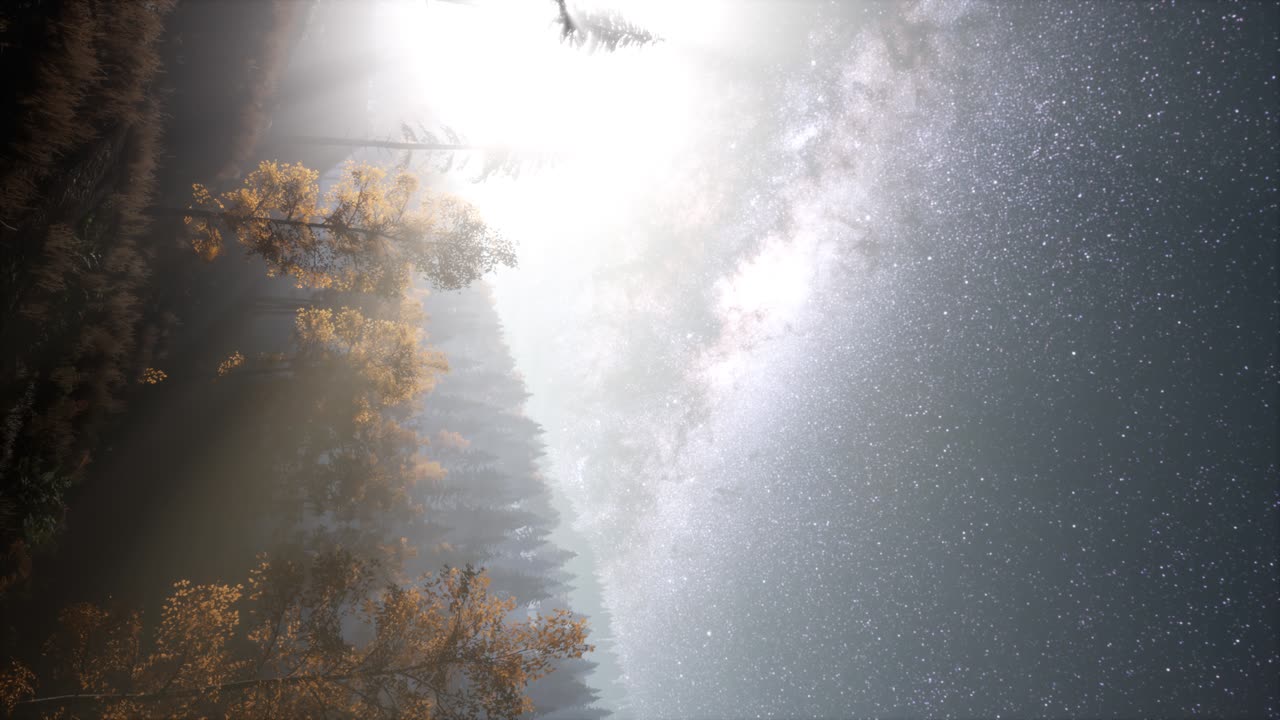 Milky Way stars with moonlight above pine trees forest