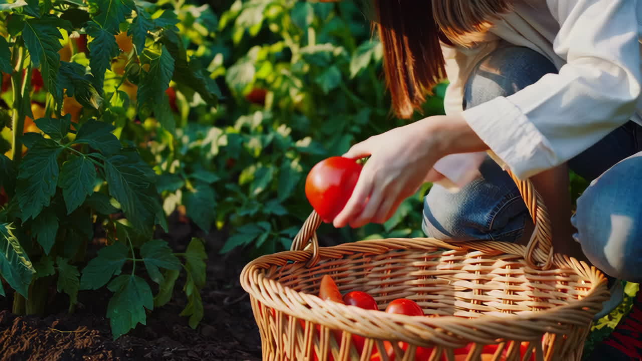 Women Harvesting Tomatoes in a Garden