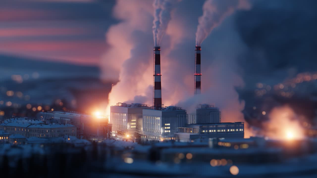 An industrial power station illuminated at dusk, emitting steam and smoke from its tall chimneys, surrounded by a landscape of buildings and soft twilight colors