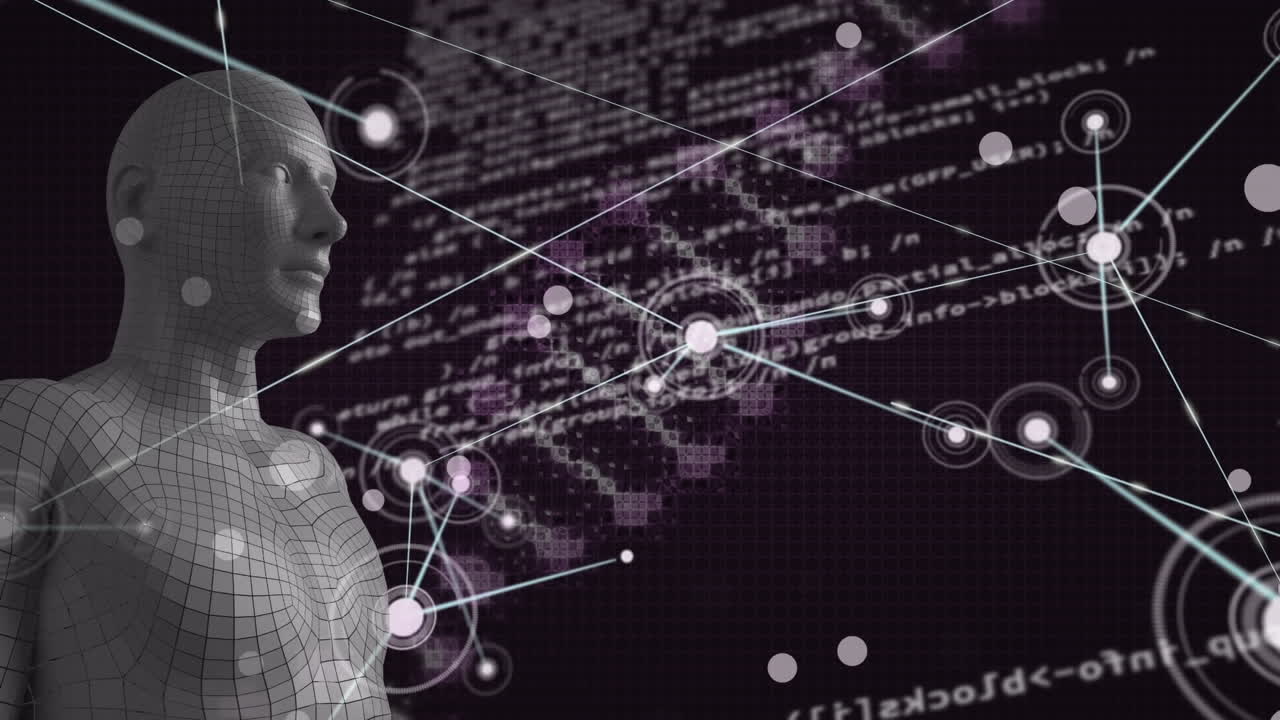 animación de la red de conexiones, cadena de adn y procesamiento de datos sobre el cuerpo humano