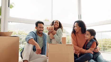 Happy,-girl-and-family-moving-with-teddy-bear