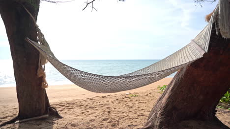 empty hammock between trees on tropical beach with endless horizon view