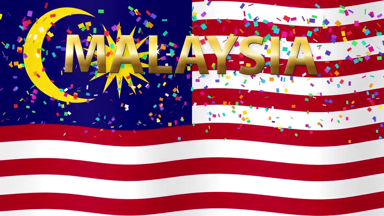 Animated national flag of Malaysia waves with golden text overlay and colorful falling confetti particles.