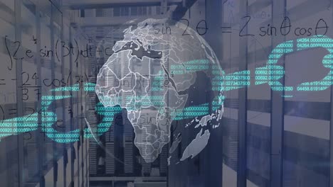 animación del procesamiento de datos y el globo sobre la sala del servidor