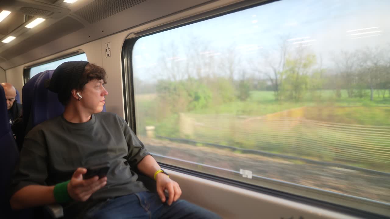Young Man Traveling by Train