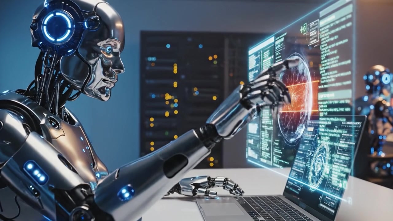 Advanced Robot Analyzing Data on a Laptop Amidst a High-Tech Environment with Server Racks and Digital Displays Showcasing Big Data Visualization and Analytics