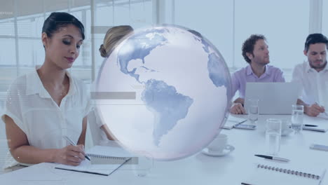 animation of rotating globe and data processing over business colleagues talking in office meeting