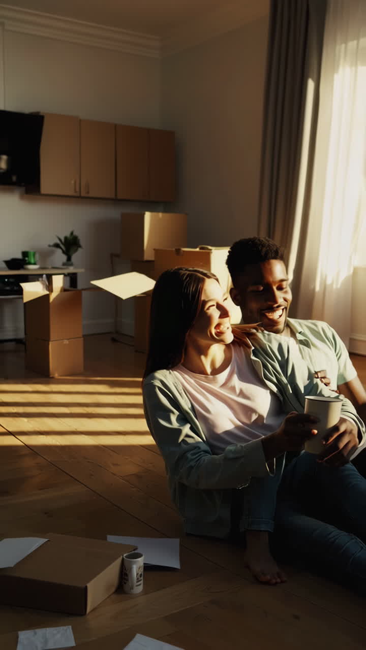 Happy Couple Settling into Their New Home with Moving Boxes