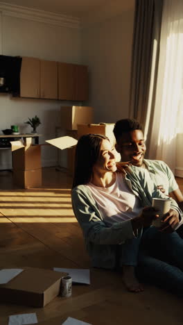 happy couple settling into their new home with moving boxes