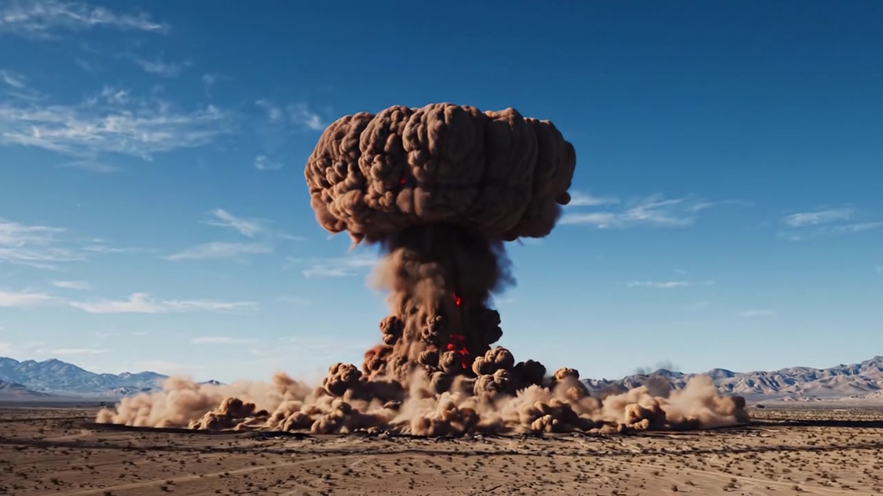 A Stunning Visualization of Explosion Dynamics in an Arid Landscape Capturing the Brilliant Flash and Powerful Eruption Creating a Massive Mushroom Cloud Formation
