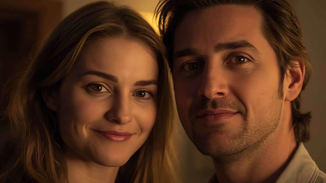 Casal se gravando e posando para um retrato em casa, a mulher abrindo os olhos e o homem sorrindo, com uma lâmpada brilhando