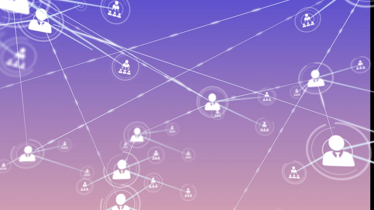 Animazione di una rete di connessioni con icone di persone su punti luminosi