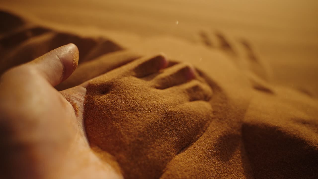 Close-up of golden desert sand flowing gently through fingers at sunset in the Sahara Desert, Morocco, with warm light highlighting the fine grains